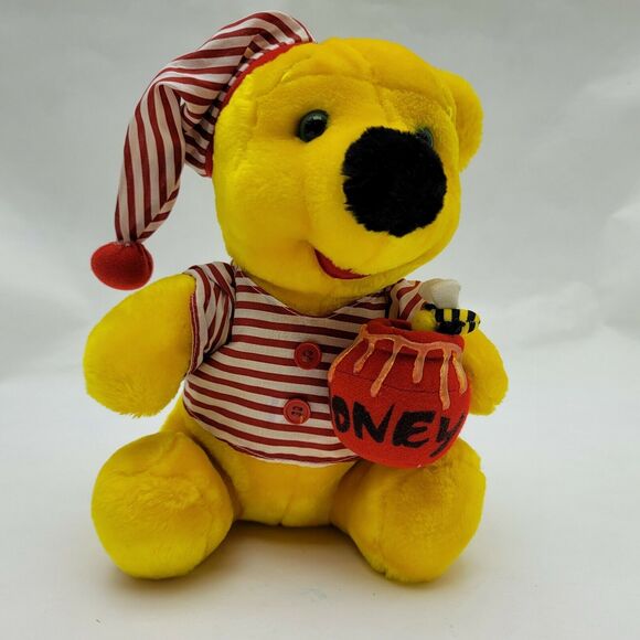 Winnie the Pooh Bear Plush Toy in Night Shirt and Cap with Barrel of Honey & Bee - Picture 2 of 8